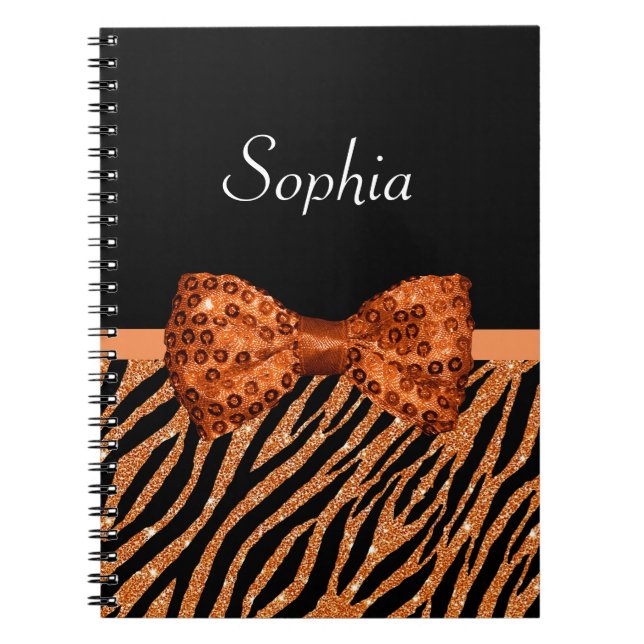 Elegant Orange Zebra Print FAUX Glitz Bow and Name Notebook (Front)