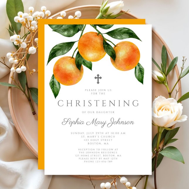 Elegant Oranges Girl Christening Invitation (Elegant Oranges Girl Christening Invitation)