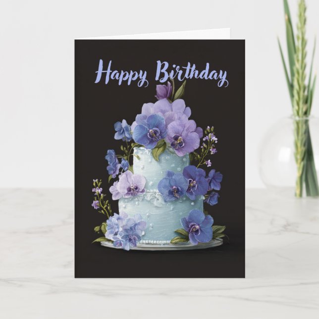 Elegant Orchid Birthday Cake Floral Birthday Card (Front)