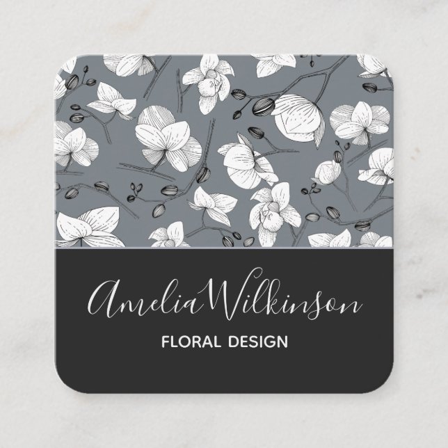 Elegant orchid black & white floral delicate grey square business card (Front)