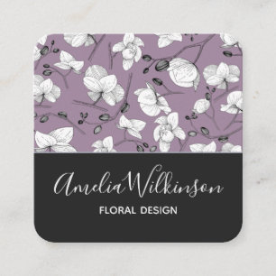 Elegant orchid black & white floral delicate lilac square business card