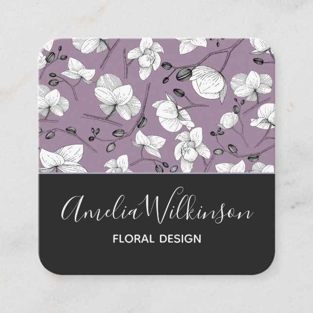 Elegant orchid black & white floral delicate lilac square business card (Front)