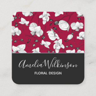 Elegant orchid black white floral modern burgundi square business card