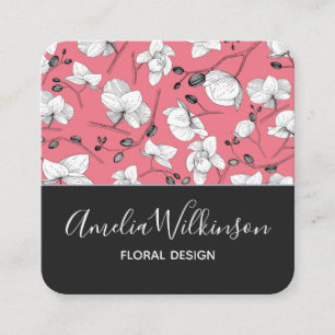 Elegant orchid black white floral modern pink square business card