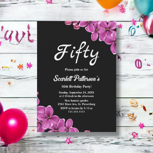Elegant Orchid Flower Black Floral 50th Birthday Invitation