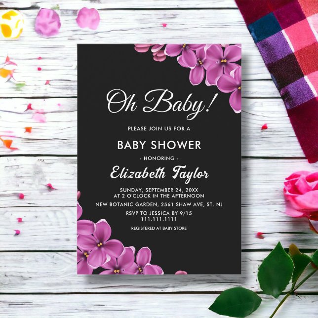 Elegant Orchid Flower Black Floral Baby Shower Invitation (Creator Uploaded)