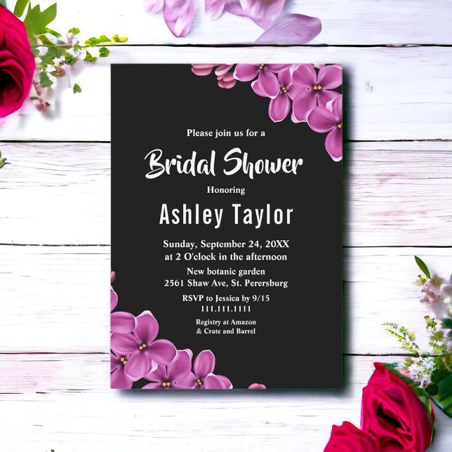 Elegant Orchid Flower Black Floral Bridal Shower Invitation (Creator Uploaded)