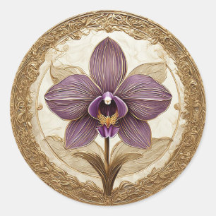 Elegant Orchid in Intricate Golden Frame Classic Round Sticker