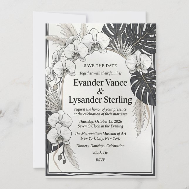 Elegant Orchid & Monstera Wedding Invitation (Front)