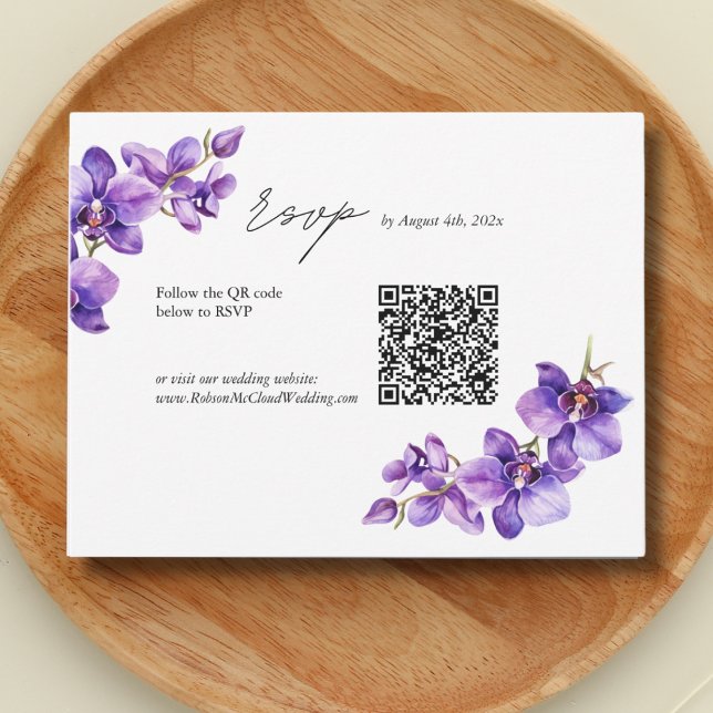 Elegant  Orchid  script wedding QR code RSVP Card (Creator Uploaded)