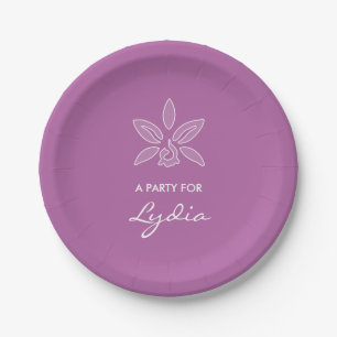 Elegant Orchid Simple Bold Purple Flower With Name Paper Plate
