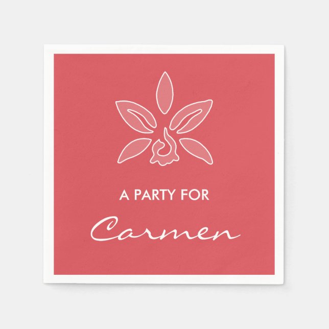 Elegant Orchid Simple Hot Red Flower With Name Napkin (Front)