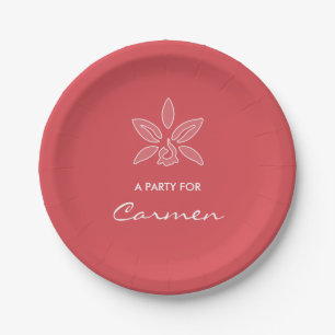 Elegant Orchid Simple Hot Red Flower With Name Paper Plate