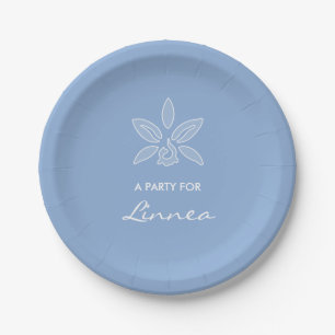 Elegant Orchid Simple Powder Blue Flower With Name Paper Plate