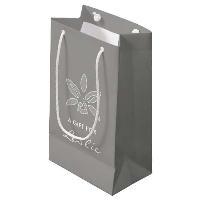 Elegant Orchid Simple Rich Grey Flower With Name Small Gift Bag (Front Angled)
