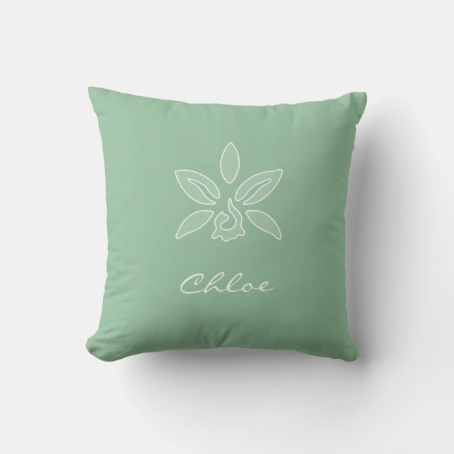 Elegant Orchid Simple Spring Green Flower and Name Cushion (Front)