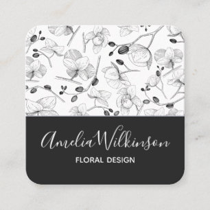Elegant orchids black & white floral delicate chic square business card