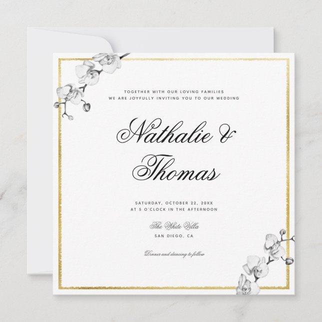 Elegant Orchids Black White Gold Frame Wedding Invitation (Front)
