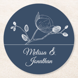 Elegant orchids floral modern blue wedding round paper coaster