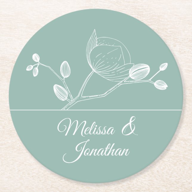 Elegant orchids floral modern green wedding round paper coaster (Front)