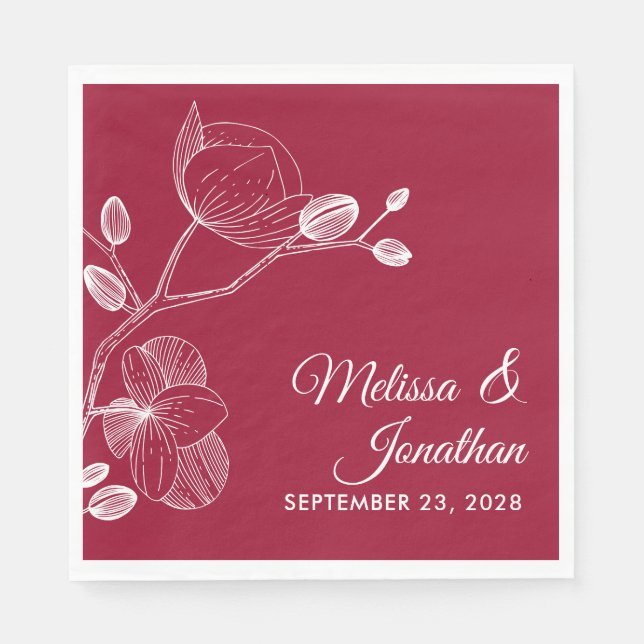 Elegant orchids floral modern red wedding  napkin (Front)