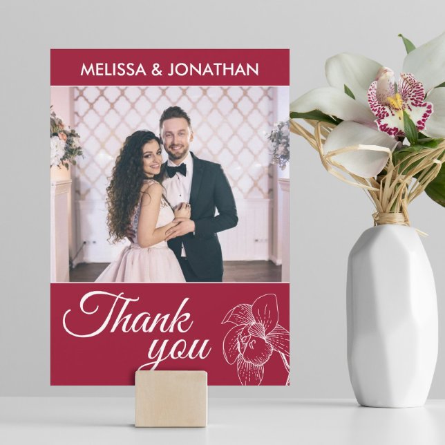 Elegant orchids floral modern red wedding photo thank you card (Creator Uploaded)