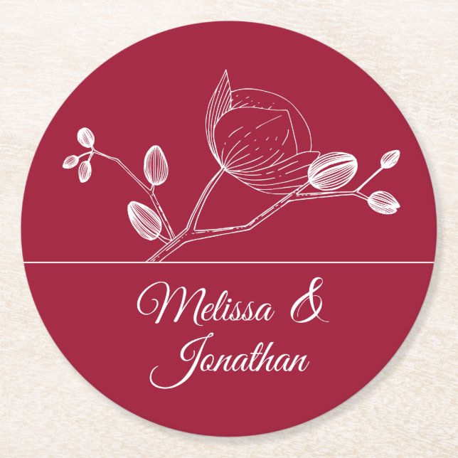 Elegant orchids floral modern red wedding round paper coaster (Front)