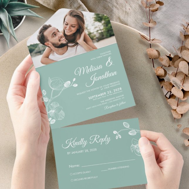 Elegant orchids mint green floral wedding all in one invitation (Creator Uploaded)