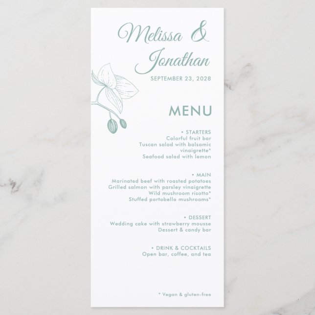 Elegant orchids romantic floral modern wedding menu (Front)