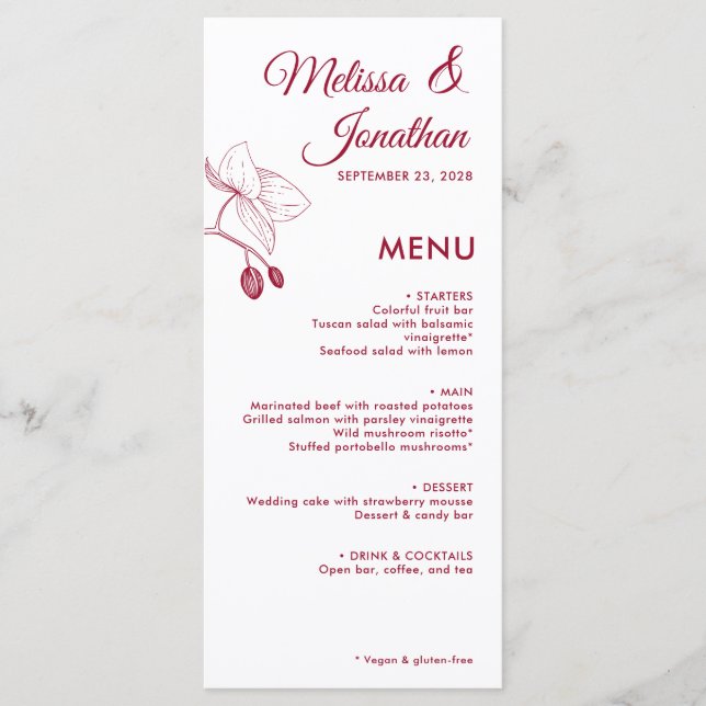 Elegant orchids romantic floral modern wedding menu (Front)