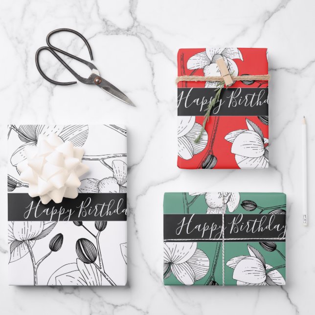 Elegant orchids white red green chic floral wrapping paper sheet (Front)