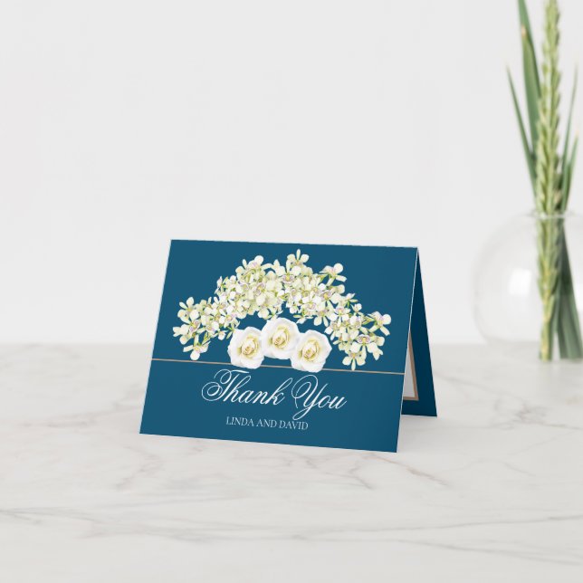 Elegant Orchids & Whites Roses Botanical Thank You Card (Front)