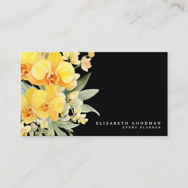 Elegant Orchids Yellow and Black Business Cards (Front)