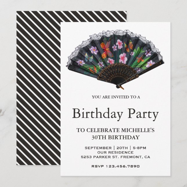 Elegant Oriental Japanese Floral Fan Birthday Invitation (Front/Back)