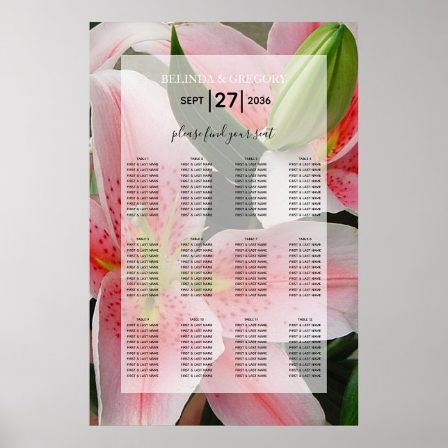 Elegant Oriental Lilies Wedding Seating Chart (Front)