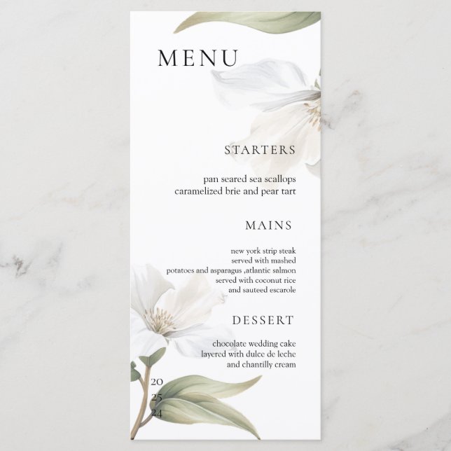 Elegant Oriental Magnolia White Flower Wedding Menu (Front)