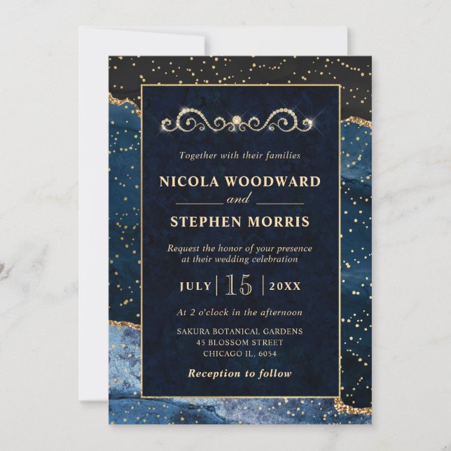 Elegant Ornament Gold Frame Blue Agate Wedding Invitation (Front)