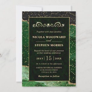 Elegant Ornament Gold Frame Green Agate Wedding Invitation