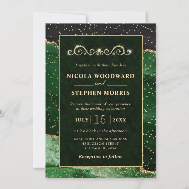 Elegant Ornament Gold Frame Green Agate Wedding Invitation (Front)
