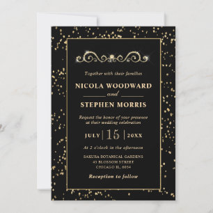 Elegant Ornament Gold Frame on Black Wedding Invitation