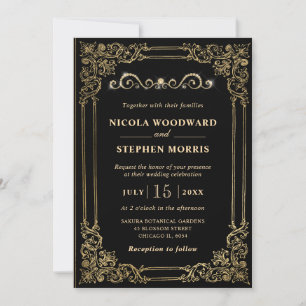 Elegant Ornament Gold Frame on Black Wedding Invitation