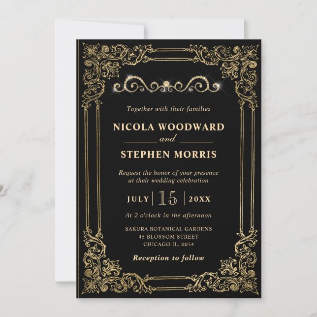 Elegant Ornament Gold Frame on Black Wedding Invitation (Front)