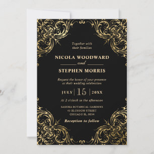 Elegant Ornament Gold Frame on Black Wedding Invitation