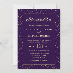 Elegant Ornament Gold Frame on Purple Wedding Invitation