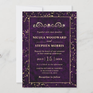 Elegant Ornament Gold Frame Purple Marble Wedding Invitation