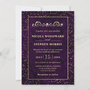 Elegant Ornament Gold Frame Purple Marble Wedding Invitation
