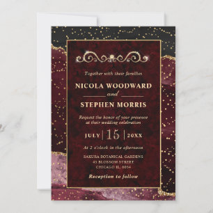 Elegant Ornament Gold Frame Red Agate Wedding Invitation