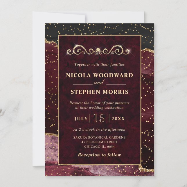 Elegant Ornament Gold Frame Red Agate Wedding Invitation (Front)