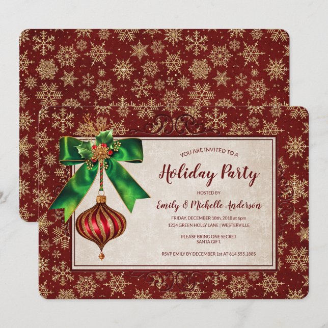 Elegant Ornament & Gold Glitter Holiday Party Invitation (Front/Back)