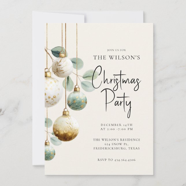 Elegant Ornament Green Gold Holiday Invitation (Front)